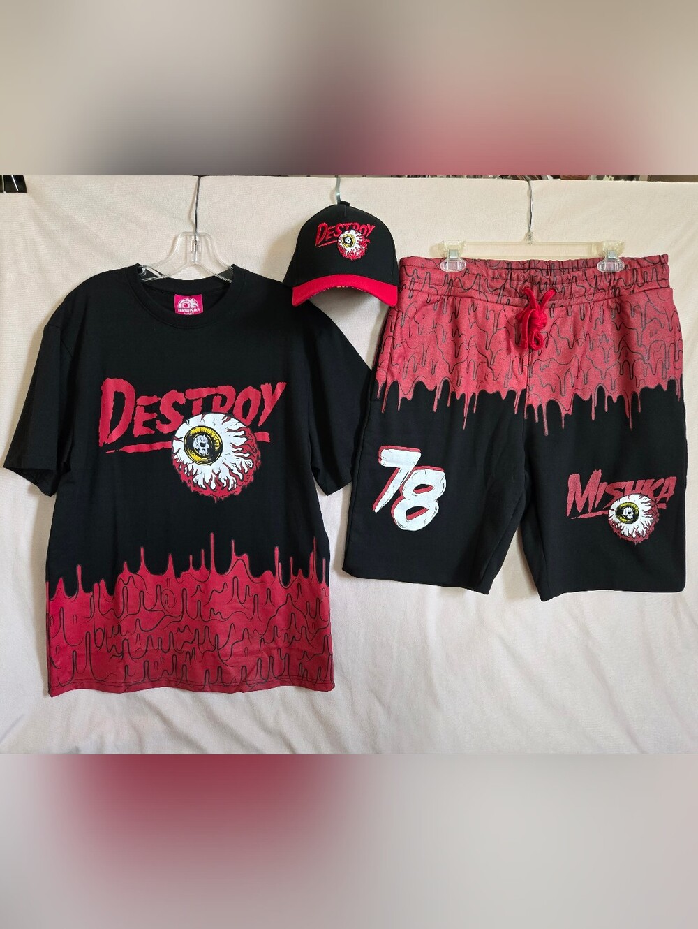 MISHKA MNWKA ENGINEERED TO DESTROY T-SHIRT SHORTS HAT MATCHING SET * BLOOD DRIP